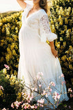 Lace Puffy Sleeves Maxi Maternity Beach Photoshoot Dress