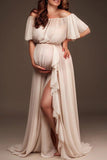 Off-the-shoulder Sheer High Slit Maxi Maternity Dress