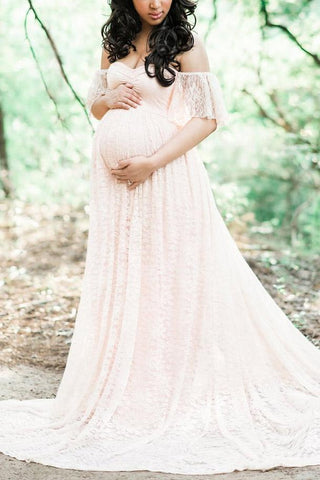 CAMILLE Lace Maternity Gown Long Sleeve Floor Length Black Eyelash -   Canada