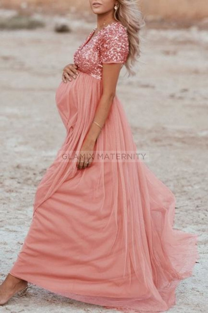 Pink Sequin Short Sleeve Maternity Maxi Dress– PinkBlush